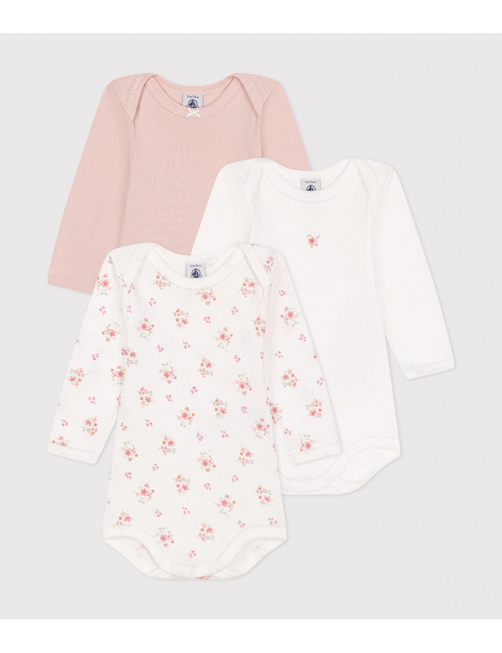 Petit Bateau – Lot De 3 Bodies Manches Longues Bébé En Coton – Imprimé Cœurs, Uni Et Milleraies – Encolure Américaine Pratique
